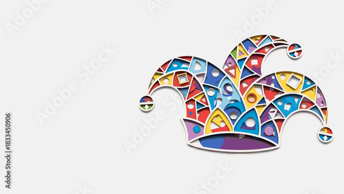 Colorful jester hat artwork against a white background. Mardi Gras holiday poster, copy space