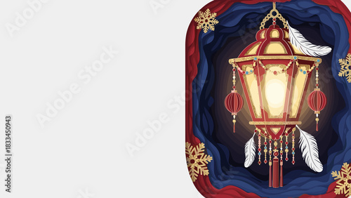 Festive decorative street lantern with colorful accents. Mardi Gras holiday poster, copy space