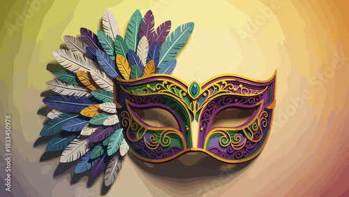 Colorful Carnival Mask Design with Feathers Against Gradient Background. Mardi Gras holiday poster, copy space