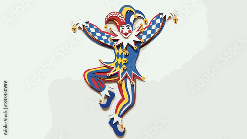 Colorful paper cut artwork of a dancing jester character. Mardi Gras holiday poster, copy space