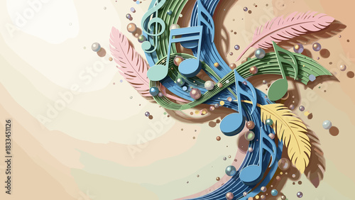 Layered paper design of musical notes intertwined with beads and feathers. Mardi Gras holiday poster, copy space