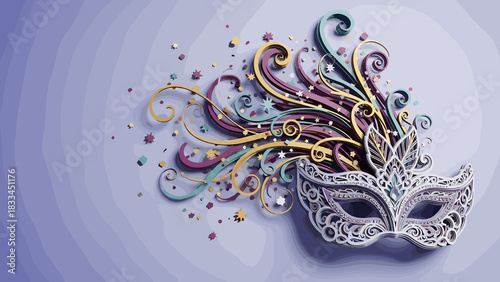 Colorful masquerade mask design with layered paper decorations. Mardi Gras holiday poster, copy space