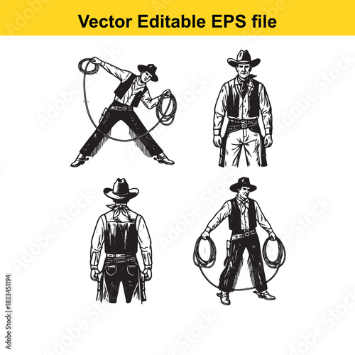 collection of four black and white vector illustrations depicting cowboys in various poses, holding lassos and pistols, perfect for western theme designs