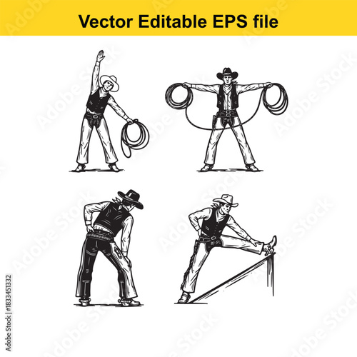 set of four vintage style vector illustrations depicting cowboys performing various stretching and exercise routines with lassos, isolated on white background