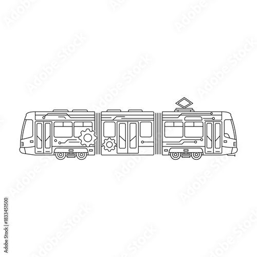 Linear illustration of a modern articulated tram with gear symbols and technical lines, symbolizing public transport maintenance, repair services, and electric vehicle engineering.