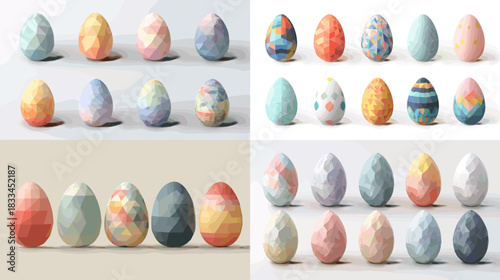 Collection of decorative pastel eggs with geometric and artistic textures ideal for seasonal design spring decor greeting cards holiday crafts and creative visual projects.
