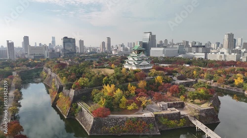 Osaka Castle, Chuo Ward, Osaka, Japan: 4K Aerial Drone Footage of Osaka Castle Park, Moat, Autumn Foliage, Historic Landmark, Japanese Architecture, City Skyline, Urban Landscape, O and Neya River
