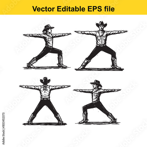 set of four vintage style cowboy figures in dynamic widestance poses with arms outstretched, black and white vector illustration isolated on white background