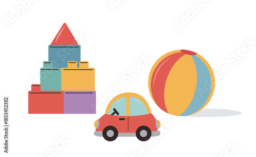 Cute vector set of colorful children’s toys - car, ball and blocks. Playful cheerful illustration. Perfect for kids products and playful designs.