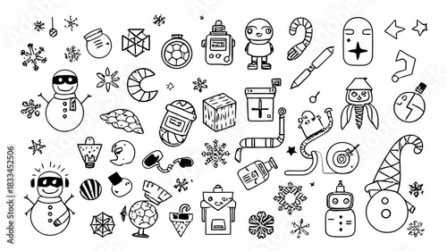 Hand-drawn doodle animation with alpha channel on transparent background featuring winter icons, robots, gifts, snowflakes and holiday elements.