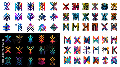 Collection of colorful abstract tribal icons featuring geometric patterns and modern decorative shapes suitable for branding design ornament and cultural themed artwork.