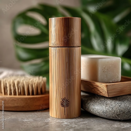 Bamboo beauty product packaging with nature background high resolution picture