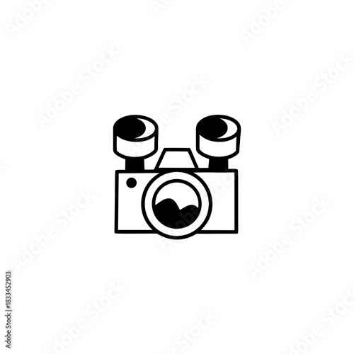 Camera with two flash attachments icon on transparent background silhouette