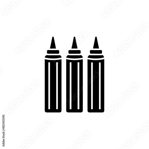 Three condiment bottles in a row on transparent background silhouette