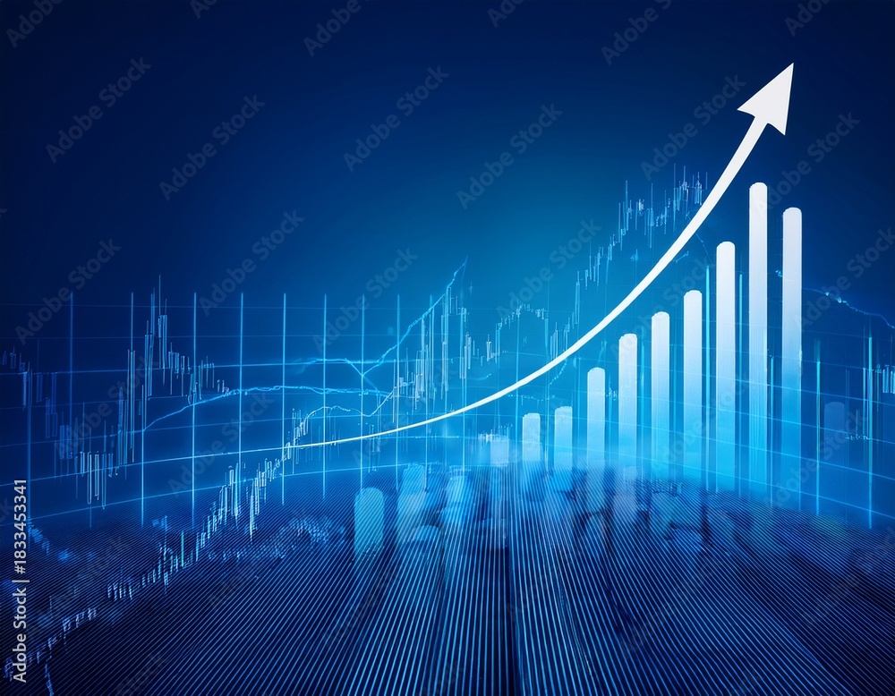 Naklejka premium stock market candlesticks and bar chart with arrow up on blue background finance and business growth
