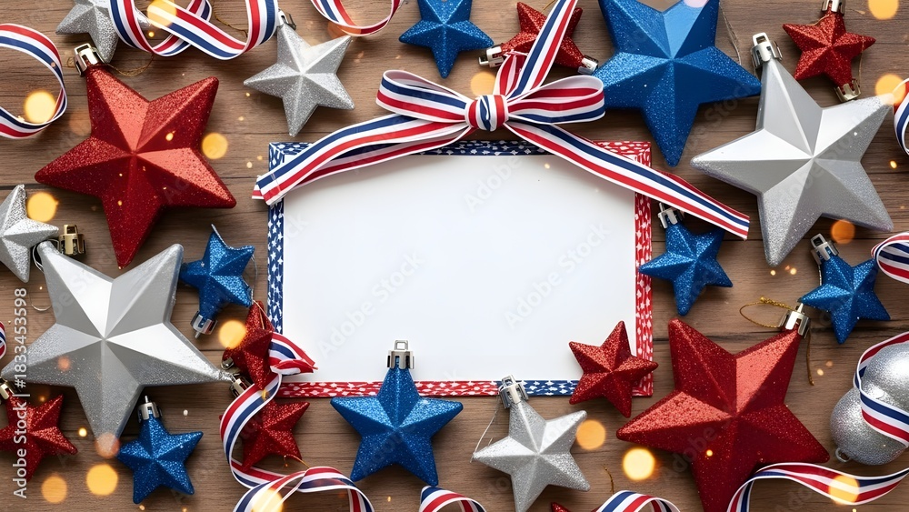 Fototapeta premium Red, white, and blue glitter star ornaments and a festive patriotic ribbon bow frame a blank card on a rustic wooden background, usa holidays.