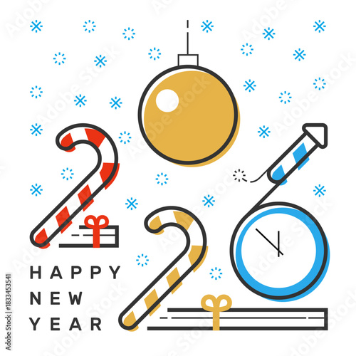 Happy 2026 new year flat thin line vertical colorful greeting card design. Isolated snow flakes, gift box, clock, candy, firecracker, ball on white background