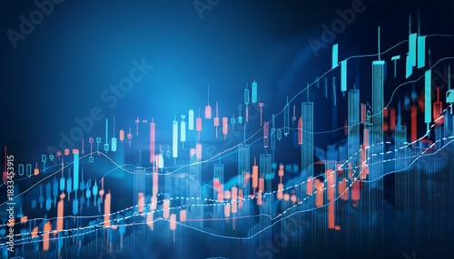 stock market trend candlesticks with bar chart on blue background economy and finance growth