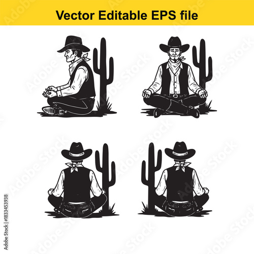 set of four black and white vector illustrations depicting cowboys sitting in a meditative pose next to cacti, showing front and back views, vector editable eps file