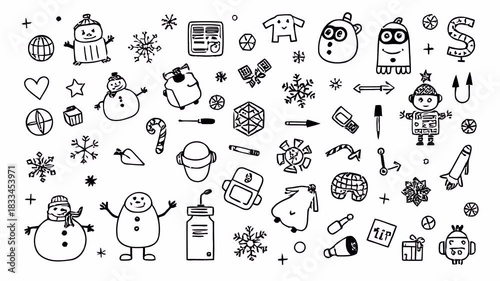 Hand-drawn doodle animation with alpha channel on transparent background featuring winter gifts, snowmen, stars, treats, icons and holiday characters.