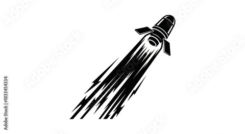 Stylized black rocket launching upwards with motion trail.