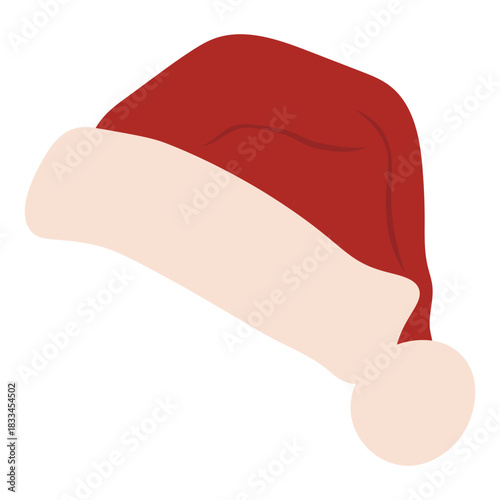 Curved Santa hat leaning right, soft fluffy trim, red Christmas cap for festive designs