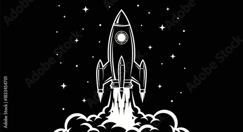 Rocket Launching into Space with Smoke and Stars.