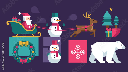 A festive illustration featuring Santa Claus, a reindeer, snowmen, Christmas trees, gifts, a wreath, a snowflake, and a polar bear, all set against a dark background.