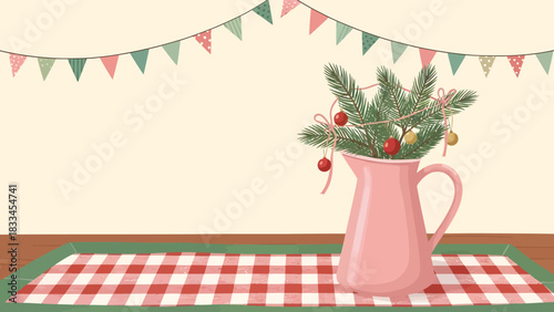 A festive illustration featuring a pink pitcher filled with evergreen branches and ornaments.