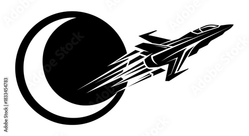 Jet fighter soaring past a crescent moon silhouette in the night sky.