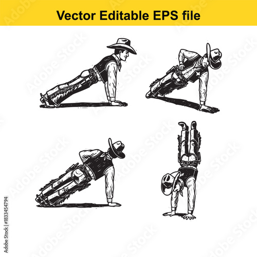 collection of four black and white vector illustrations depicting a cowboy performing various fitness exercises, including pushups and a handstand, suitable for workout or western themes