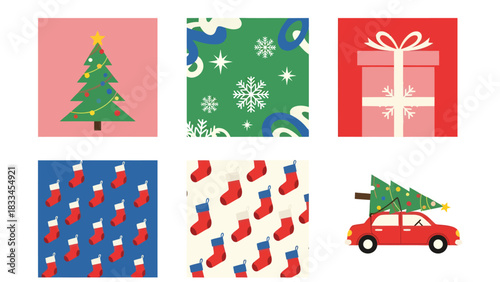 A collection of six festive Christmas-themed graphics featuring trees, snowflakes, gifts, stockings, and a car transporting a tree.