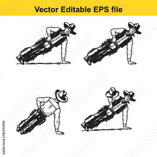 set of four vector illustrations depicting a cowboy performing a push up exercise in various stages of the movement, presented as black and white line art