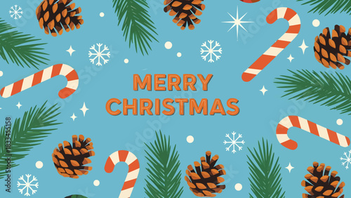 A festive blue background with "Merry Christmas" text, decorated with pine cones, candy canes, and snowflakes, perfect for holiday greetings.