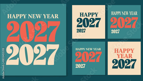 Collection of Happy New Year 2027 greeting card designs in various color schemes and layouts.