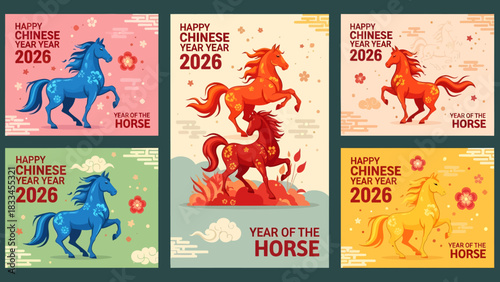 Collection of Chinese New Year 2026 posters featuring stylized horses in vibrant colors and traditional motifs.