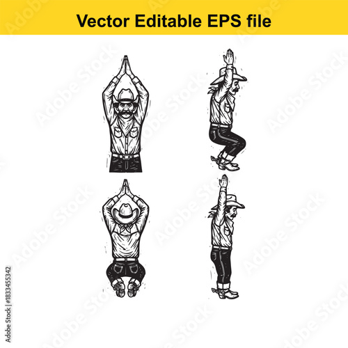 set of four vintage cowboy yoga poses illustration in black and white sketch style, showing different positions with arms raised or bent, isolated on white background
