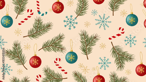 Festive Christmas-themed pattern featuring ornaments, candy canes, snowflakes, and pine branches.