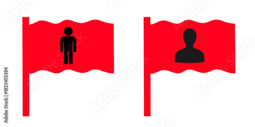 Person on wavy red flag - warning sign and caution on bad and dangerous human, man and male. Vector illustration isolated on white.	
