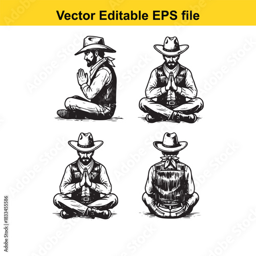 collection of four vector illustrations depicting cowboys wearing cowboy hats and vests sitting in a meditative yoga pose with hands pressed together in prayer position, isolated on white background