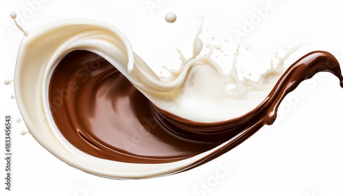 wide angle milk and liquid chocolate mix flowing in a curved shape on an isolated background