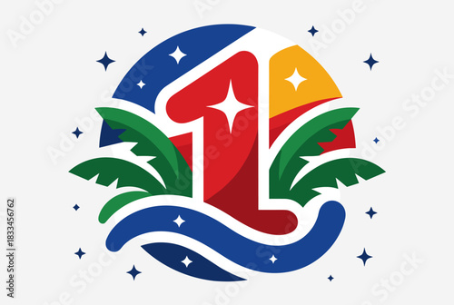 Colorful number one tropical celebration emblem 
