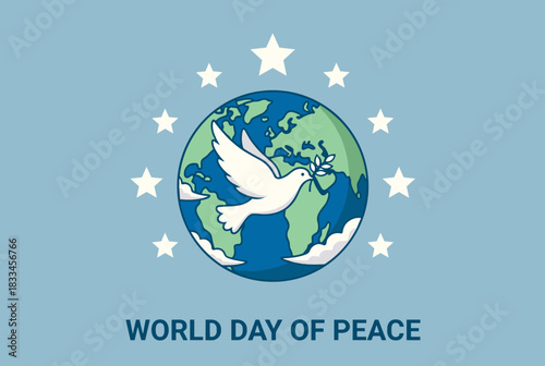 Peace Day illustration with dove carrying olive branch flying over globe surrounded by white stars on blue background. 
