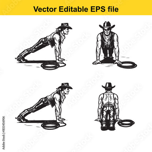 set of four vector illustrations depicting a cowboy performing pushups with his hat on the ground as a target or marker, shown from side and rear views