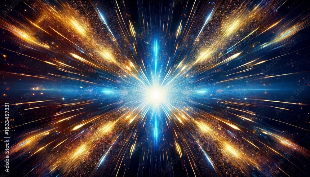 Fototapeta premium cosmic energy burst with blue and gold light exploding in space creating a dramatic luminous scene with radiant particles motion and depth for futuristic celestial or abstract background