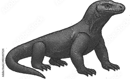 Halftone Komodo Dragon Illustration in Black and White