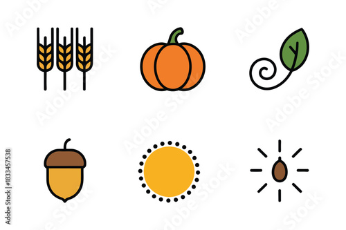 Autumn harvest icons featuring wheat pumpkin acorn and sun