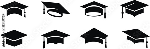 Graduation cap icon set Graduation cap icon collection in clean black silhouette style. Education and academic symbols for school, learning, and success themes