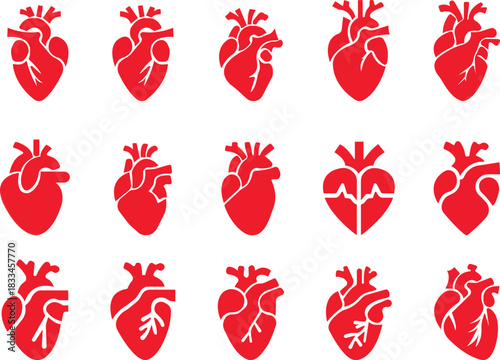  Red Human Heart Icon Set Anatomical Heart Vector Silhouette Set – Black and Red Human Heart Icons with Veins for Cardiology, Healthcare, Biology, Use