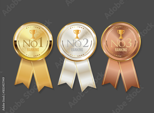 Realistic medal set. Award golden, silver and bronze blank medals 3d vector realistic illustration. Medal icon set. First, second and third place medals or buttons 